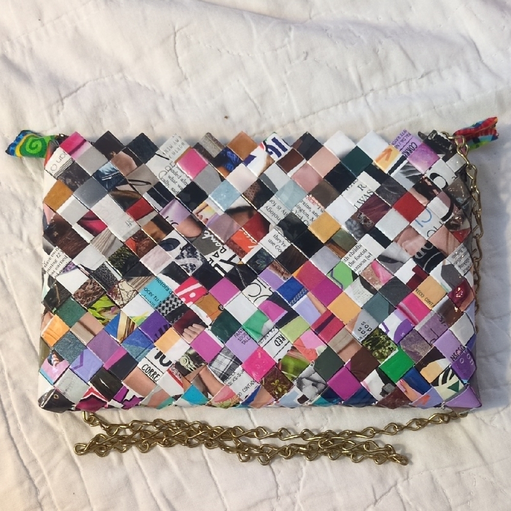 Multicolor Woven Clutch with Gold Chain